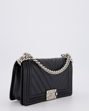 Chanel Black Medium Chevron Stitch Boy Bag in Calfskin Leather with Silver Hardware