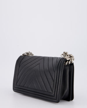 Chanel Black Medium Chevron Stitch Boy Bag in Calfskin Leather with Silver Hardware