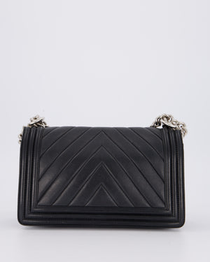 Chanel Black Medium Chevron Stitch Boy Bag in Calfskin Leather with Silver Hardware