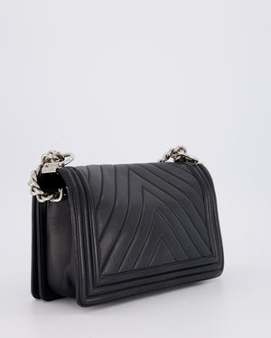 Chanel Black Medium Chevron Stitch Boy Bag in Calfskin Leather with Silver Hardware