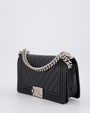 Chanel Black Medium Chevron Stitch Boy Bag in Calfskin Leather with Silver Hardware