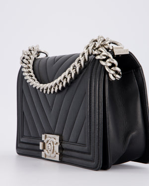 Chanel Black Medium Chevron Stitch Boy Bag in Calfskin Leather with Silver Hardware