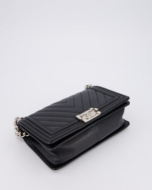 Chanel Black Medium Chevron Stitch Boy Bag in Calfskin Leather with Silver Hardware