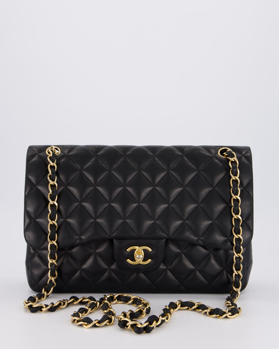 Chanel Black Jumbo Classic Double Flap Bag in Lambskin Leather with Gold Hardware