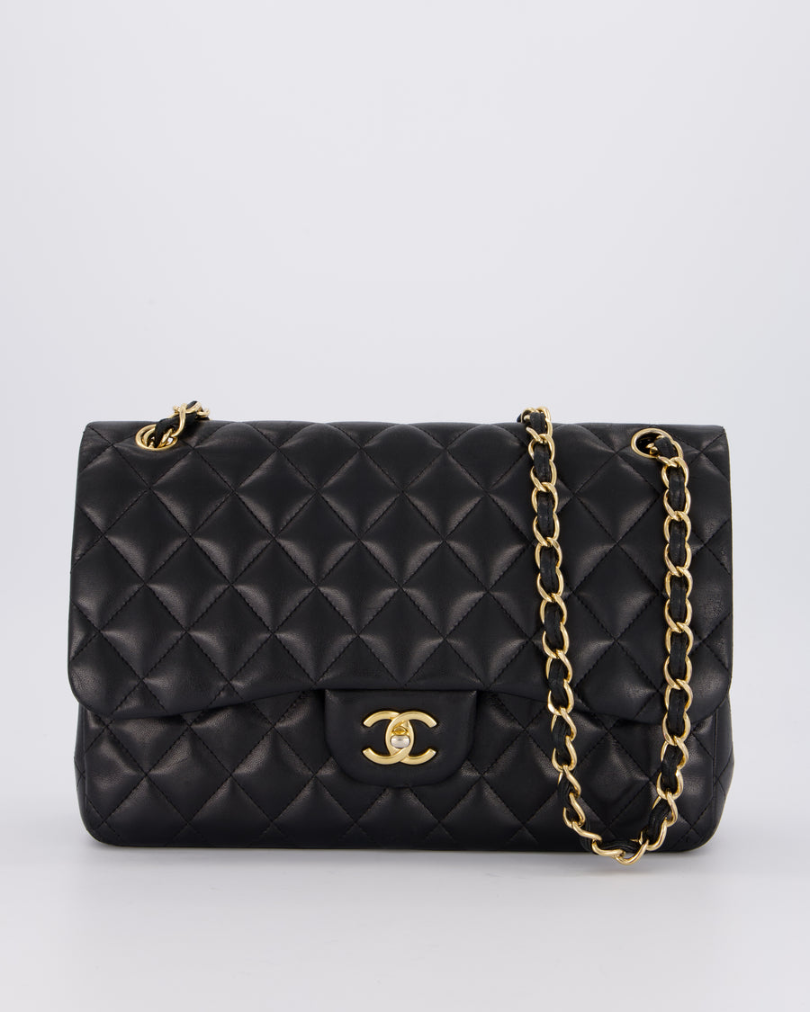 Chanel Black Jumbo Classic Double Flap Bag in Lambskin Leather with Gold Hardware