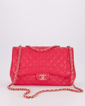 Chanel Hot Pink Maxi Mademoiselle Chic Classic Flap Bag in Lambskin Leather with Brushed Gold Hardware