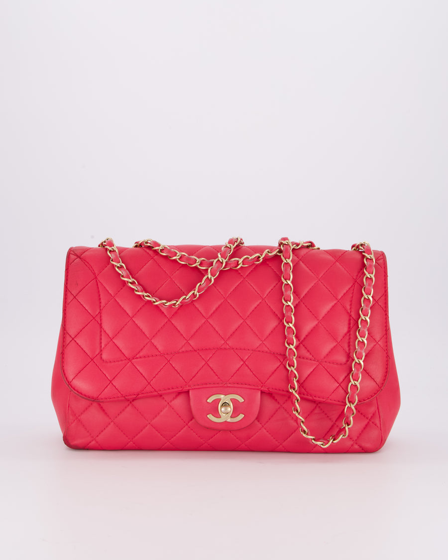 Chanel Hot Pink Maxi Mademoiselle Chic Classic Flap Bag in Lambskin Leather with Brushed Gold Hardware