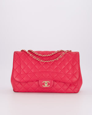 Chanel Hot Pink Maxi Mademoiselle Chic Classic Flap Bag in Lambskin Leather with Brushed Gold Hardware