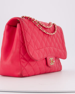 Chanel Hot Pink Maxi Mademoiselle Chic Classic Flap Bag in Lambskin Leather with Brushed Gold Hardware