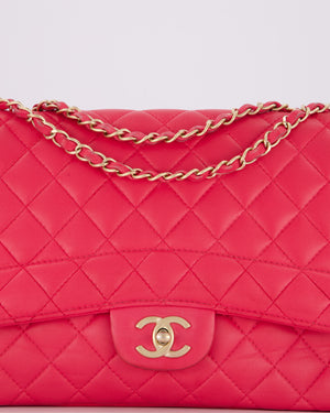 Chanel Hot Pink Maxi Mademoiselle Chic Classic Flap Bag in Lambskin Leather with Brushed Gold Hardware