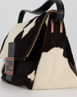 *RARE* Fendi Vintage Large Mamma Baguette Bag in Cow Print Pony Hair and Leather with Gold Hardware & Red FF Logo