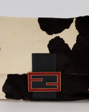 *RARE* Fendi Vintage Large Mamma Baguette Bag in Cow Print Pony Hair and Leather with Gold Hardware & Red FF Logo