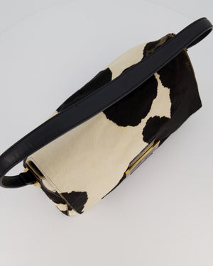 *RARE* Fendi Vintage Large Mamma Baguette Bag in Cow Print Pony Hair and Leather with Gold Hardware & Red FF Logo