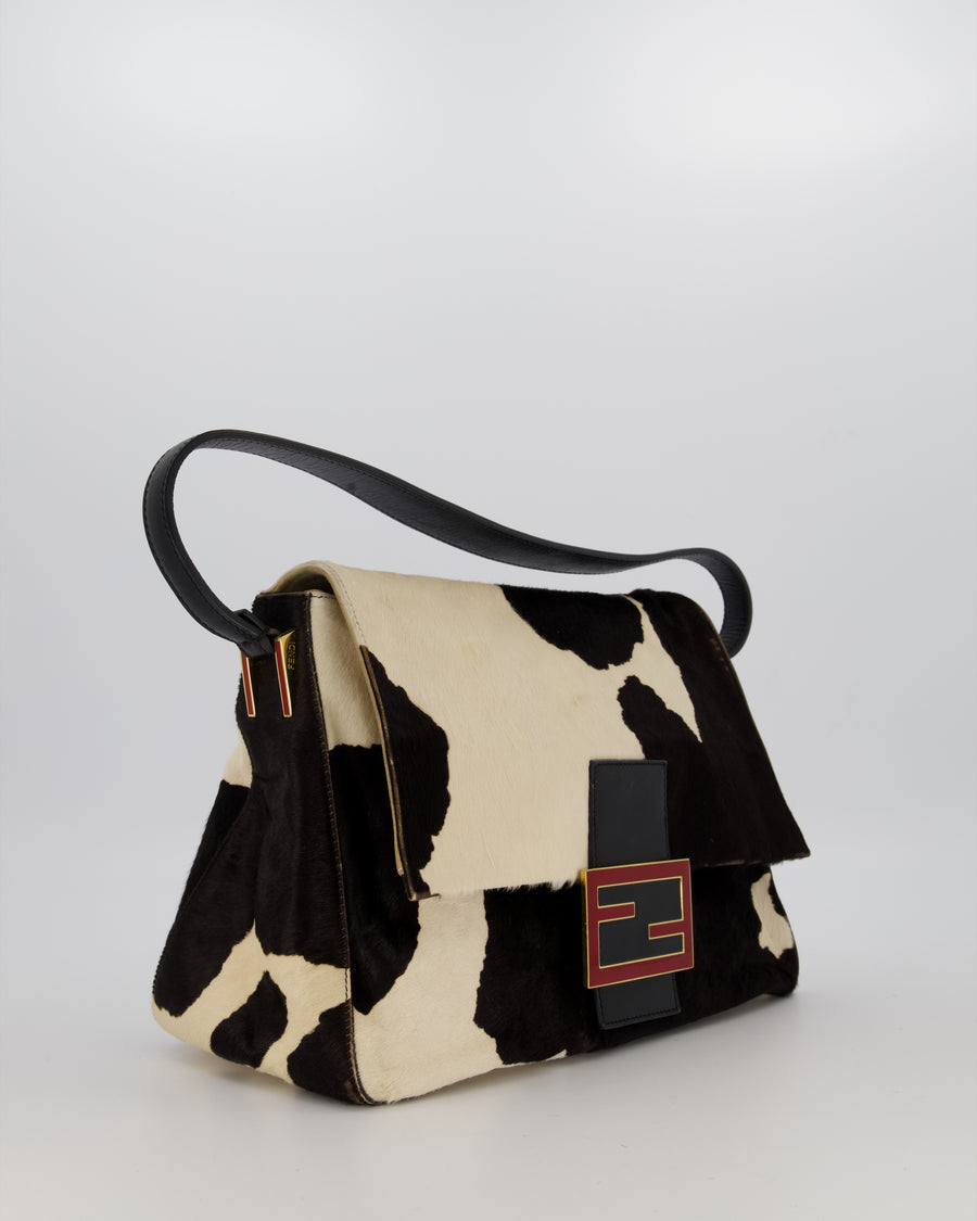 *RARE* Fendi Vintage Large Mamma Baguette Bag in Cow Print Pony Hair and Leather with Gold Hardware & Red FF Logo
