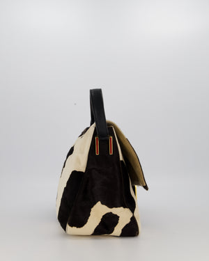 *RARE* Fendi Vintage Large Mamma Baguette Bag in Cow Print Pony Hair and Leather with Gold Hardware & Red FF Logo