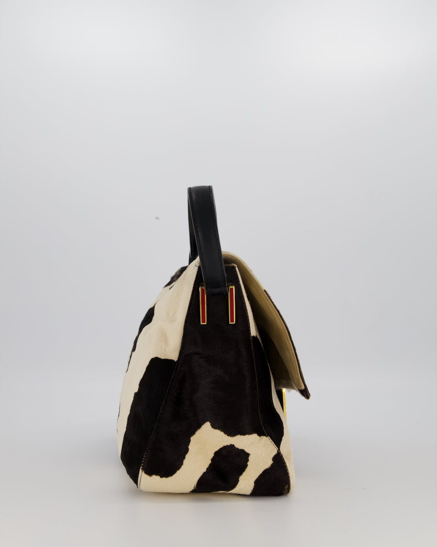 *RARE* Fendi Vintage Large Mamma Baguette Bag in Cow Print Pony Hair and Leather with Gold Hardware & Red FF Logo
