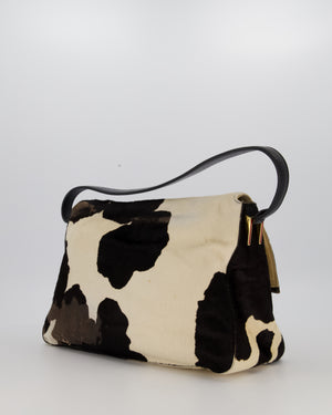 *RARE* Fendi Vintage Large Mamma Baguette Bag in Cow Print Pony Hair and Leather with Gold Hardware & Red FF Logo