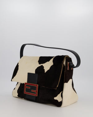 *RARE* Fendi Vintage Large Mamma Baguette Bag in Cow Print Pony Hair and Leather with Gold Hardware & Red FF Logo