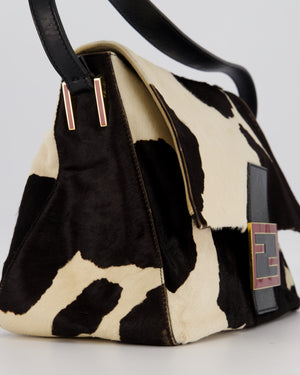 *RARE* Fendi Vintage Large Mamma Baguette Bag in Cow Print Pony Hair and Leather with Gold Hardware & Red FF Logo