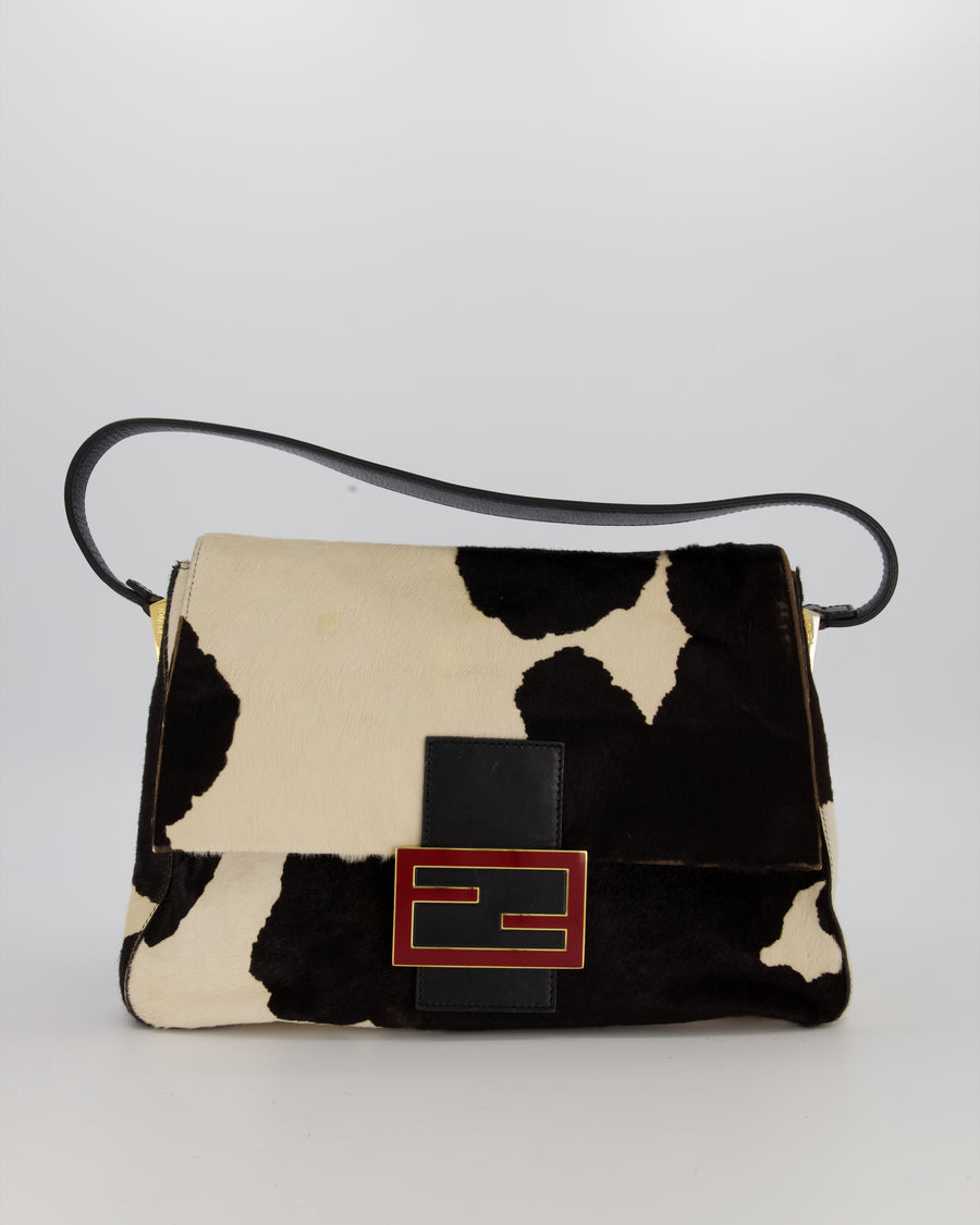 *RARE* Fendi Vintage Large Mamma Baguette Bag in Cow Print Pony Hair and Leather with Gold Hardware & Red FF Logo