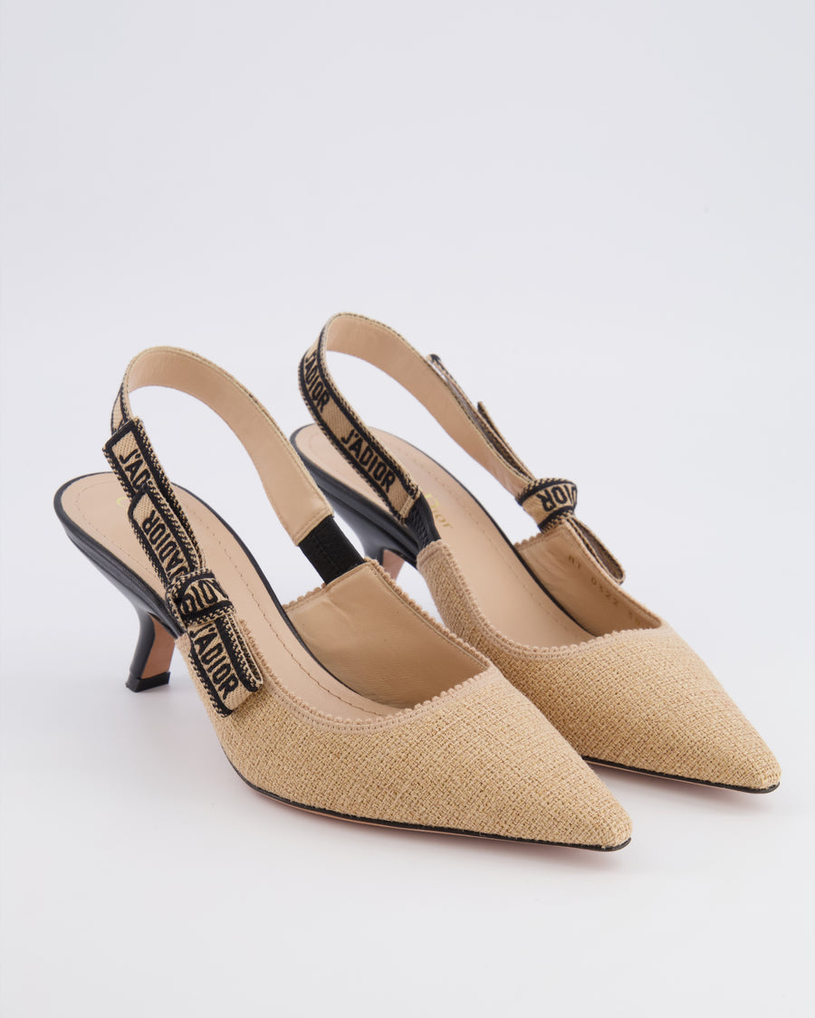 Christian Dior J'Adior Beige Raffia Slingback Heeled Pumps with Black Embroidered Logo Strap Size EU 38 RRP £900