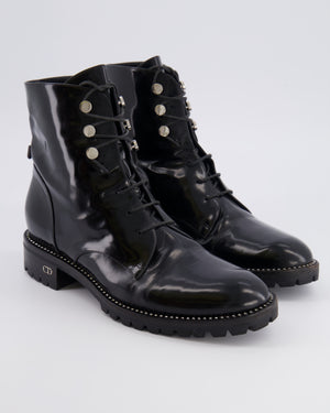 Christian Dior Rebelle Lace-Up Ankle Boots in Black Patent Leather with Crystal Embellishments and Silver CD Logo Detail Size EU 39