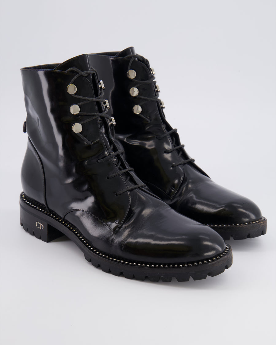 Christian Dior Rebelle Lace-Up Ankle Boots in Black Patent Leather with Crystal Embellishments and Silver CD Logo Detail Size EU 39