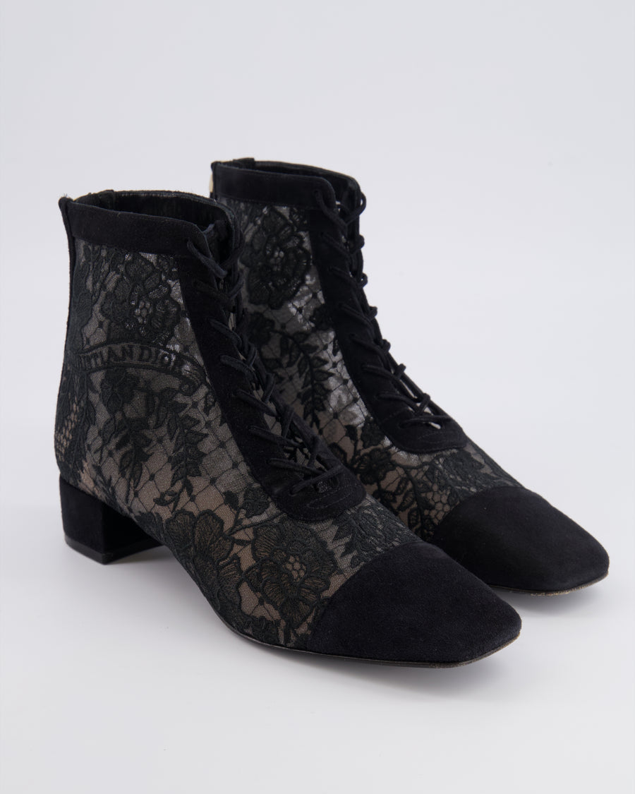 Christian Dior Naughtily-D Heeled Ankle Boots in Black Dior Roses Lace Embroidered Mesh and Suede Goatskin with Logo Detail Size EU 37.5 RRP £1,290