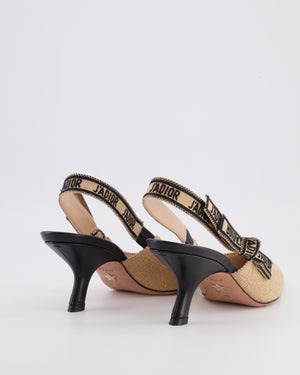 Christian Dior J'Adior Beige Raffia Slingback Heeled Pumps with Black Embroidered Logo Strap Size EU 38 RRP £900