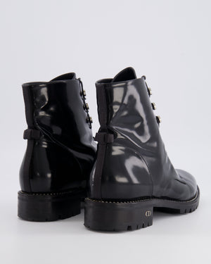 Christian Dior Rebelle Lace-Up Ankle Boots in Black Patent Leather with Crystal Embellishments and Silver CD Logo Detail Size EU 39