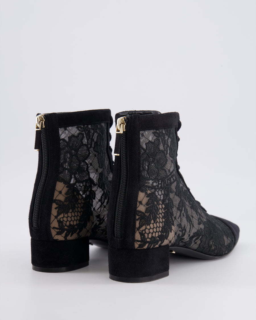 Christian Dior Naughtily-D Heeled Ankle Boots in Black Dior Roses Lace Embroidered Mesh and Suede Goatskin with Logo Detail Size EU 37.5 RRP £1,290