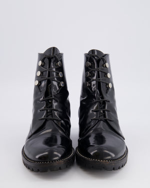 Christian Dior Rebelle Lace-Up Ankle Boots in Black Patent Leather with Crystal Embellishments and Silver CD Logo Detail Size EU 39