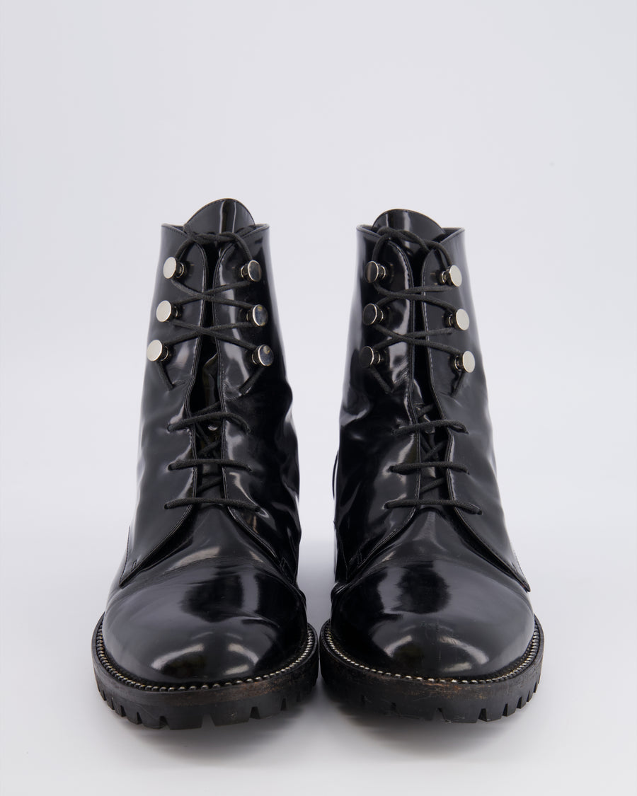 Christian Dior Rebelle Lace-Up Ankle Boots in Black Patent Leather with Crystal Embellishments and Silver CD Logo Detail Size EU 39