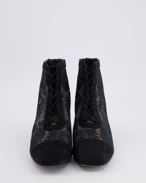 Christian Dior Naughtily-D Heeled Ankle Boots in Black Dior Roses Lace Embroidered Mesh and Suede Goatskin with Logo Detail Size EU 37.5 RRP £1,290