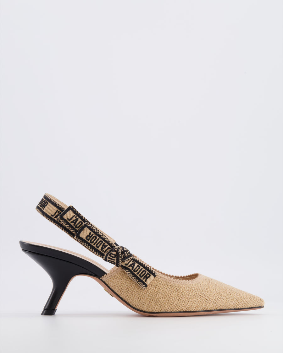 Christian Dior J'Adior Beige Raffia Slingback Heeled Pumps with Black Embroidered Logo Strap Size EU 38 RRP £900