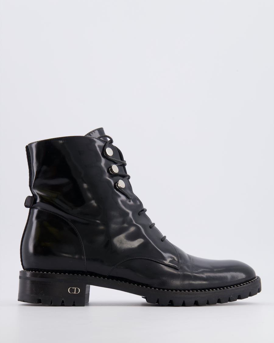 Christian Dior Rebelle Lace-Up Ankle Boots in Black Patent Leather with Crystal Embellishments and Silver CD Logo Detail Size EU 39
