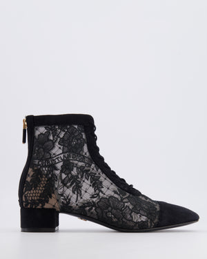 Christian Dior Naughtily-D Heeled Ankle Boots in Black Dior Roses Lace Embroidered Mesh and Suede Goatskin with Logo Detail Size EU 37.5 RRP £1,290