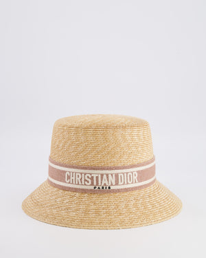 Christian Dior Dioriviera Beige Straw Small Brim Hat with Light Pink and White Logo Band Size 56