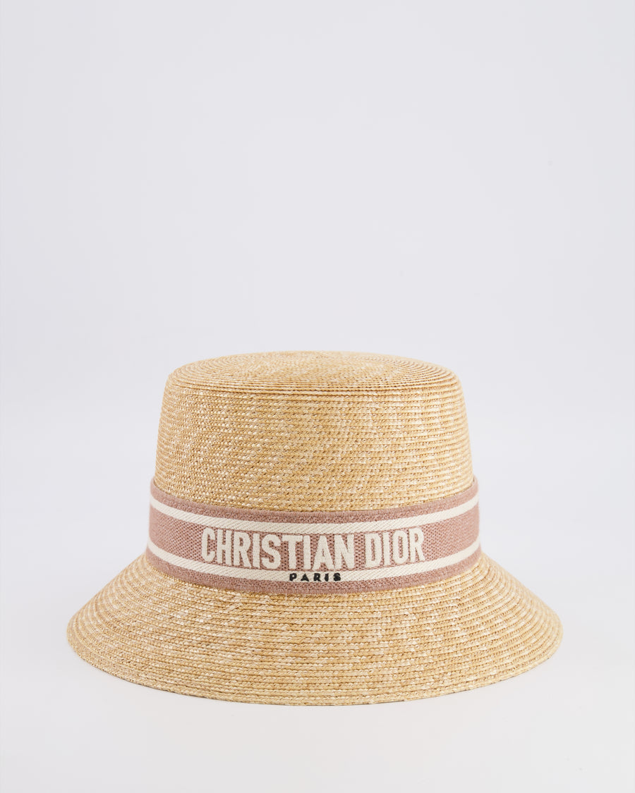 Christian Dior Dioriviera Beige Straw Small Brim Hat with Light Pink and White Logo Band Size 56