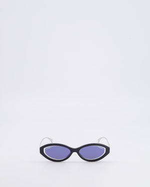 Chanel Black 5424 Cat-Eye Sunglasses with Dark Blue Mirror Lenses and Silver Arms with CC Logo Details