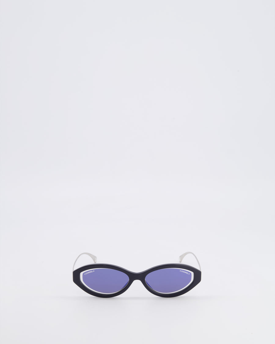 Chanel Black 5424 Cat-Eye Sunglasses with Dark Blue Mirror Lenses and Silver Arms with CC Logo Details