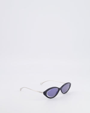 Chanel Black 5424 Cat-Eye Sunglasses with Dark Blue Mirror Lenses and Silver Arms with CC Logo Details