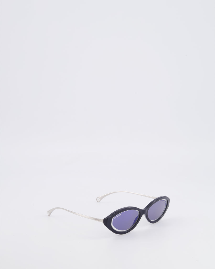 Chanel Black 5424 Cat-Eye Sunglasses with Dark Blue Mirror Lenses and Silver Arms with CC Logo Details