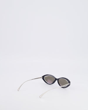 Chanel Black 5424 Cat-Eye Sunglasses with Dark Blue Mirror Lenses and Silver Arms with CC Logo Details