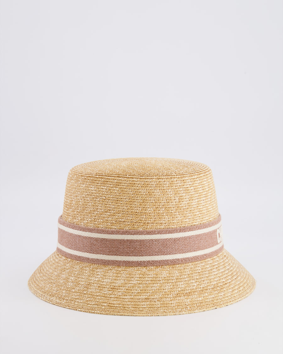 Christian Dior Dioriviera Beige Straw Small Brim Hat with Light Pink and White Logo Band Size 56