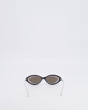 Chanel Black 5424 Cat-Eye Sunglasses with Dark Blue Mirror Lenses and Silver Arms with CC Logo Details
