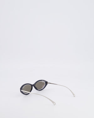 Chanel Black 5424 Cat-Eye Sunglasses with Dark Blue Mirror Lenses and Silver Arms with CC Logo Details
