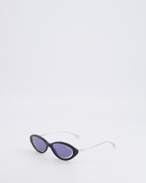 Chanel Black 5424 Cat-Eye Sunglasses with Dark Blue Mirror Lenses and Silver Arms with CC Logo Details
