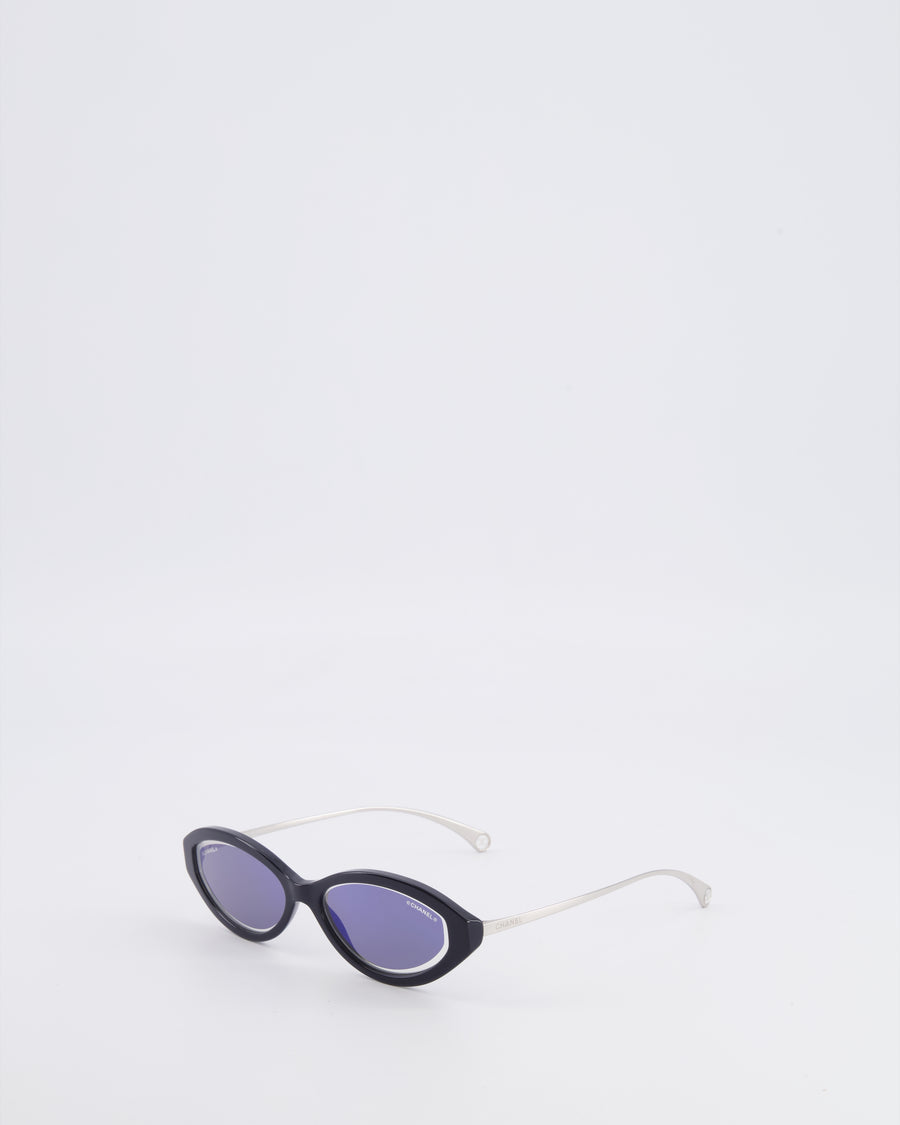 Chanel Black 5424 Cat-Eye Sunglasses with Dark Blue Mirror Lenses and Silver Arms with CC Logo Details