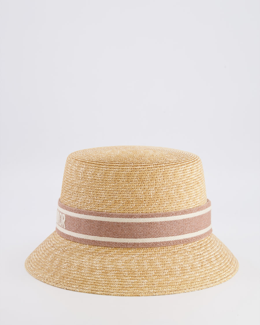 Christian Dior Dioriviera Beige Straw Small Brim Hat with Light Pink and White Logo Band Size 56